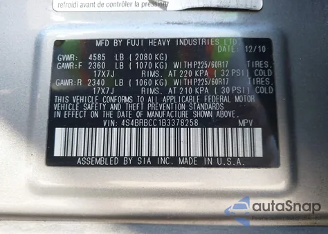 2011 Subaru Outback 2.5I Premium from USA, damaged, VIN 4S4BRBCC1B3378258